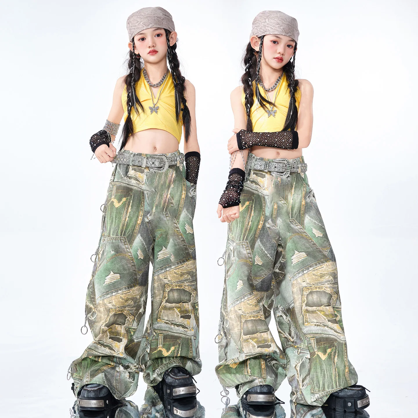 Mädchen Hip Hop Shiny Crop Camouflage Cargo Hosen Kinder Street Dance Mädchen Gruppe Kostüme Kinder Streetwear Jazz Kleidung Sets