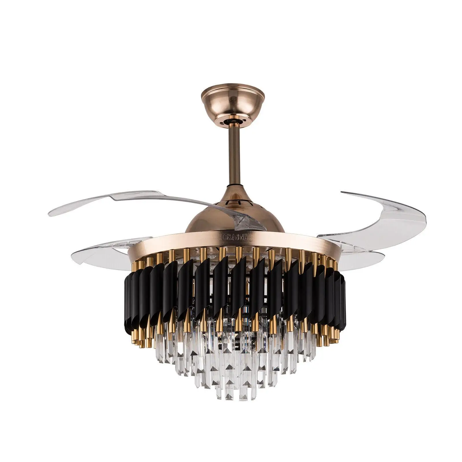 

Crystal Ceiling Fan Fandelier Chandelier Luxury Hiding Quiet 42" Polished Gold Retractable Ceiling Fan Light LED 3 Color Remote