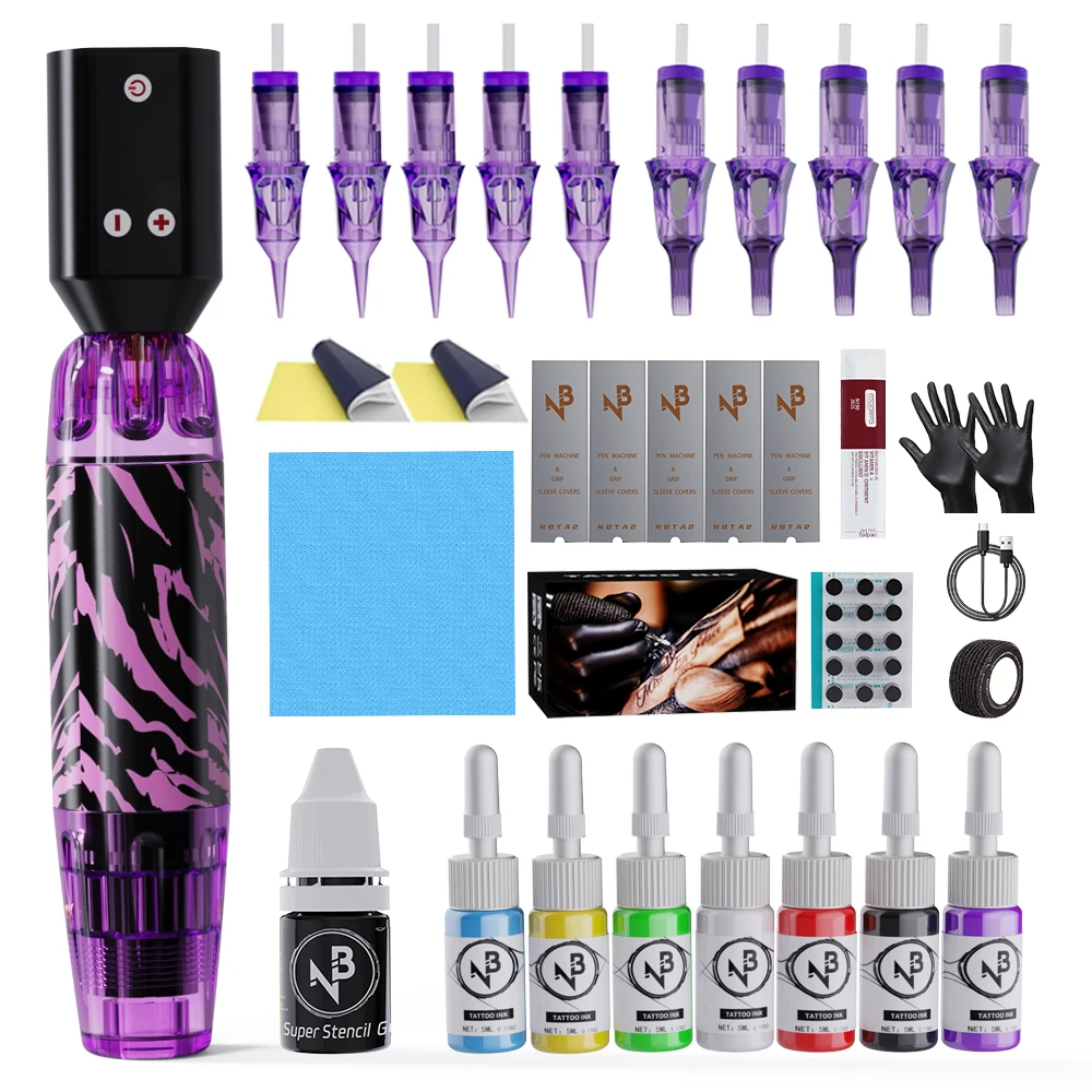 

Набор ручек для татуировки — фиолетовая ручка для татуировки с 10 иглами, 8 цветов чернил, набор тату-машин с беспроводным источником питания для татуировки и профессиональными принадлежностями для татуировки, набор тату-пистолета для начинающих, Tm-74