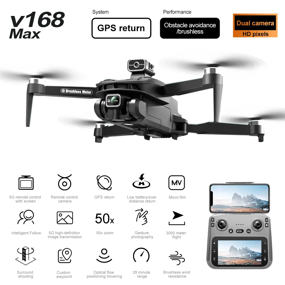 V168 Pro Max 드론 GPS Profesional, 8K HD 카메라 FPV 5G Wifi 브러시리스 모터 접이식 RC 쿼드콥터 장애물 회피 Dron