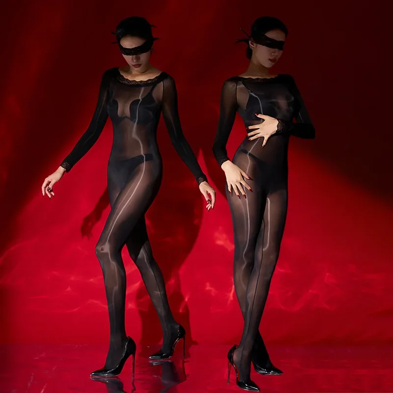 Men Women Sexy Lingerie Sheer Bodystocking Oil Shiny Pantyhose High Elastic Tight See Through Bodysuit Underwear Crotchless
