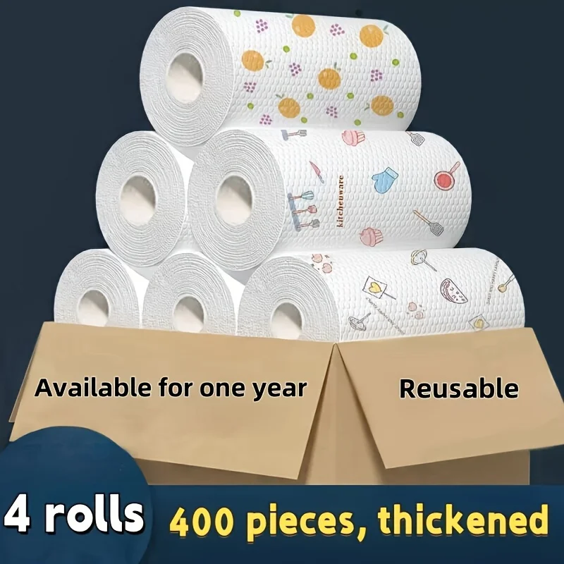 50 100pcs/roll Dishcloth Absorbent Thickened Kitchen Paper Dry Wet Use Non Greasy Random Pattern for Sink Cleaning Dishwashing
