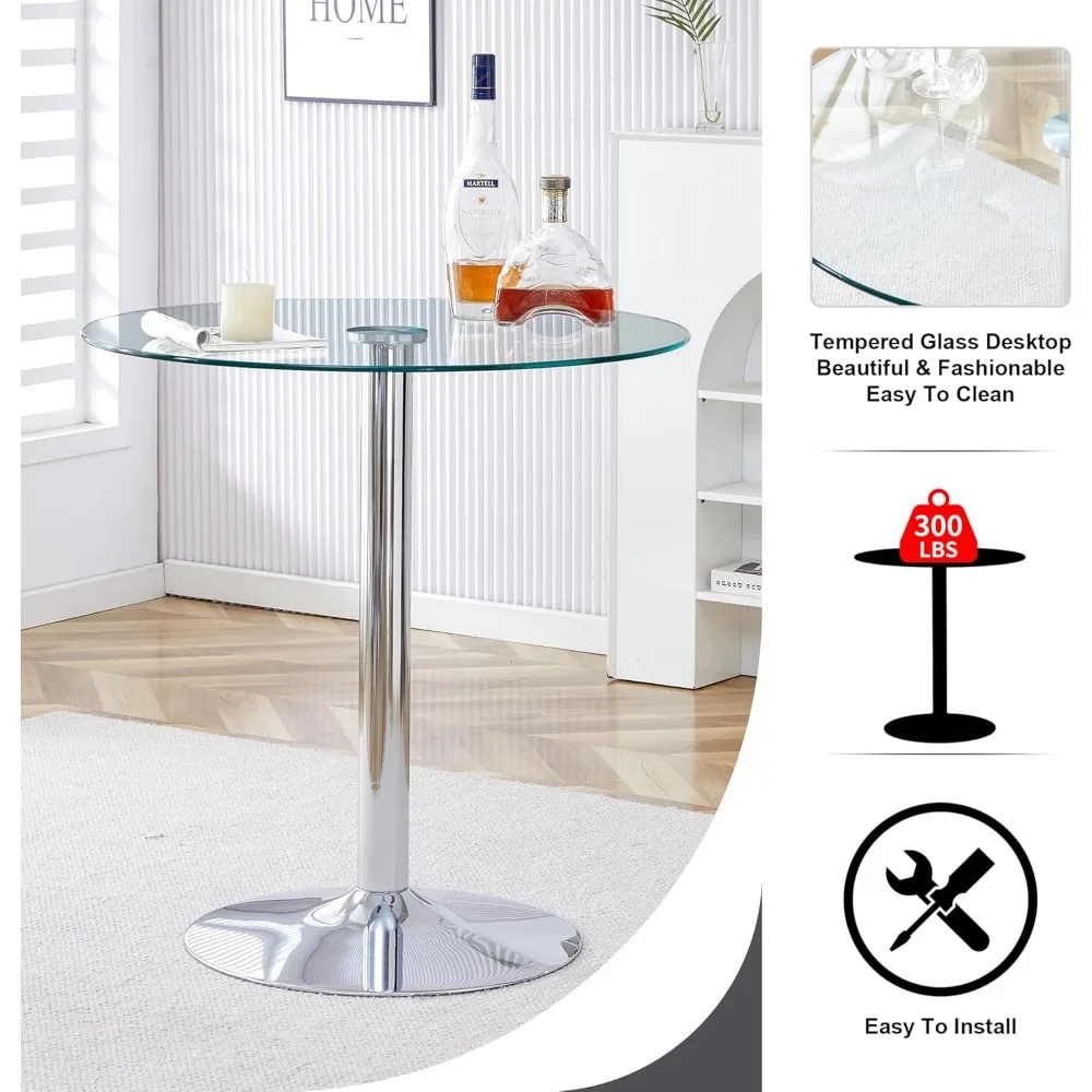Table ronde de hauteur de barre en verre, table ronde de hauteur de comptoir de 35 pouces avec plateau en verre trempé, support de poteau chromé argenté robuste, transparent
