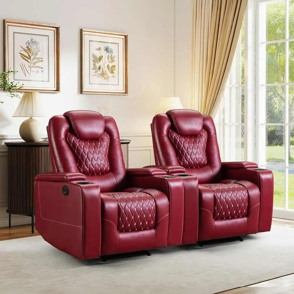 

Red Electric Reclining Home Theater Chairs with USB Ports, Cup Holders, and Storage, Set of 2