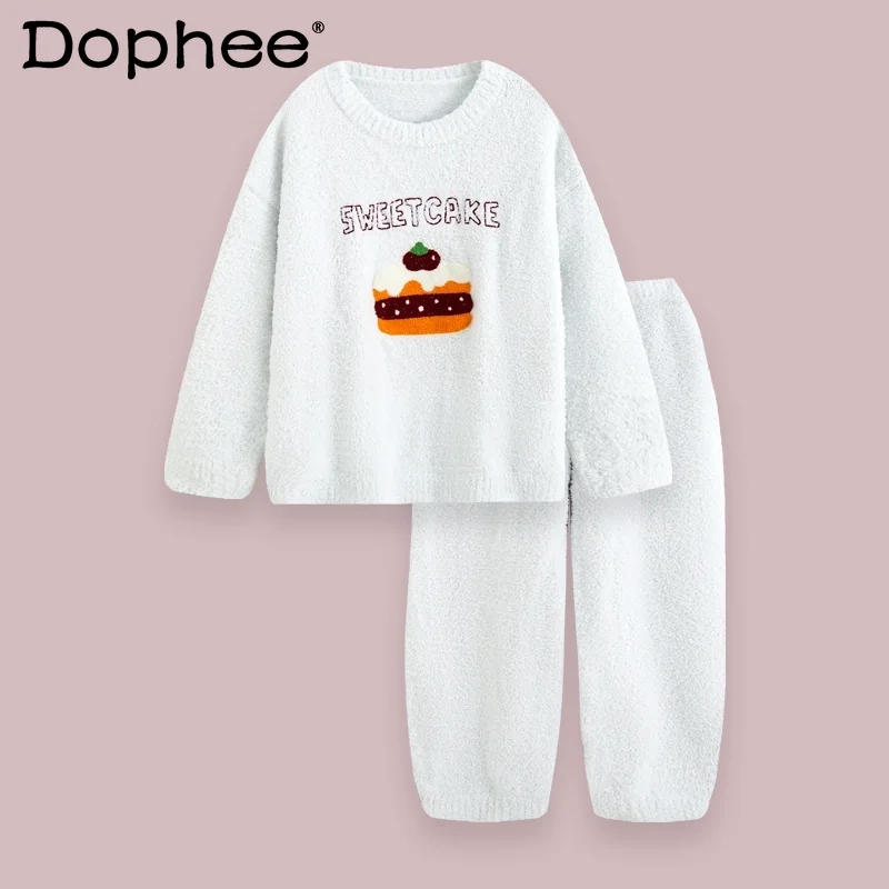 النمط الياباني لطيف الكرتون فتاة الخريف الشتاء رقيقة بيجامة من الصوف 2025 نمط جديد يمكن ارتداؤها الحلو المرجان الصوف Homewear للنساء