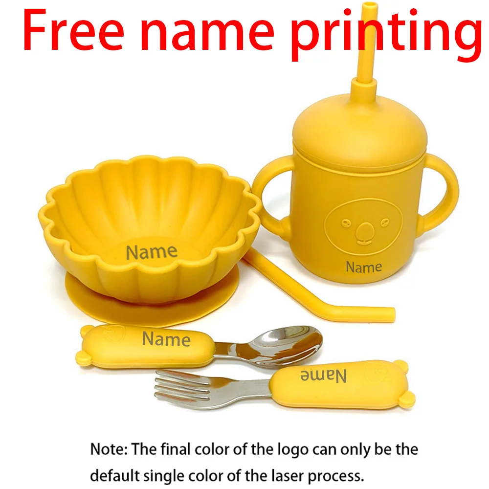 

Free Name Printing 4PCS Silicone Tableware Set (Bowl, Spoon, Fork, Cup) Suitable for Boys & Girls Holiday Gift