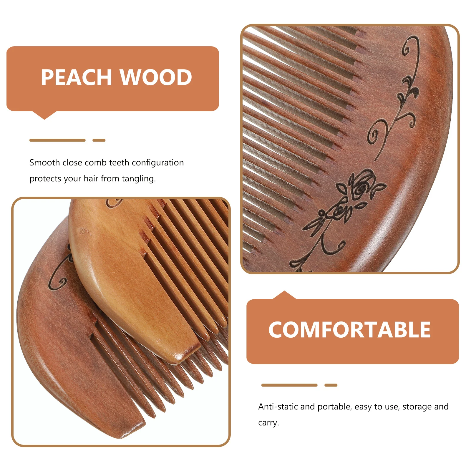 

2Pcs Natural Wood Peach Comb Smooth Close Teeth Head Massage Boost Circulation Relieve Headache Hair Comb for Women Men