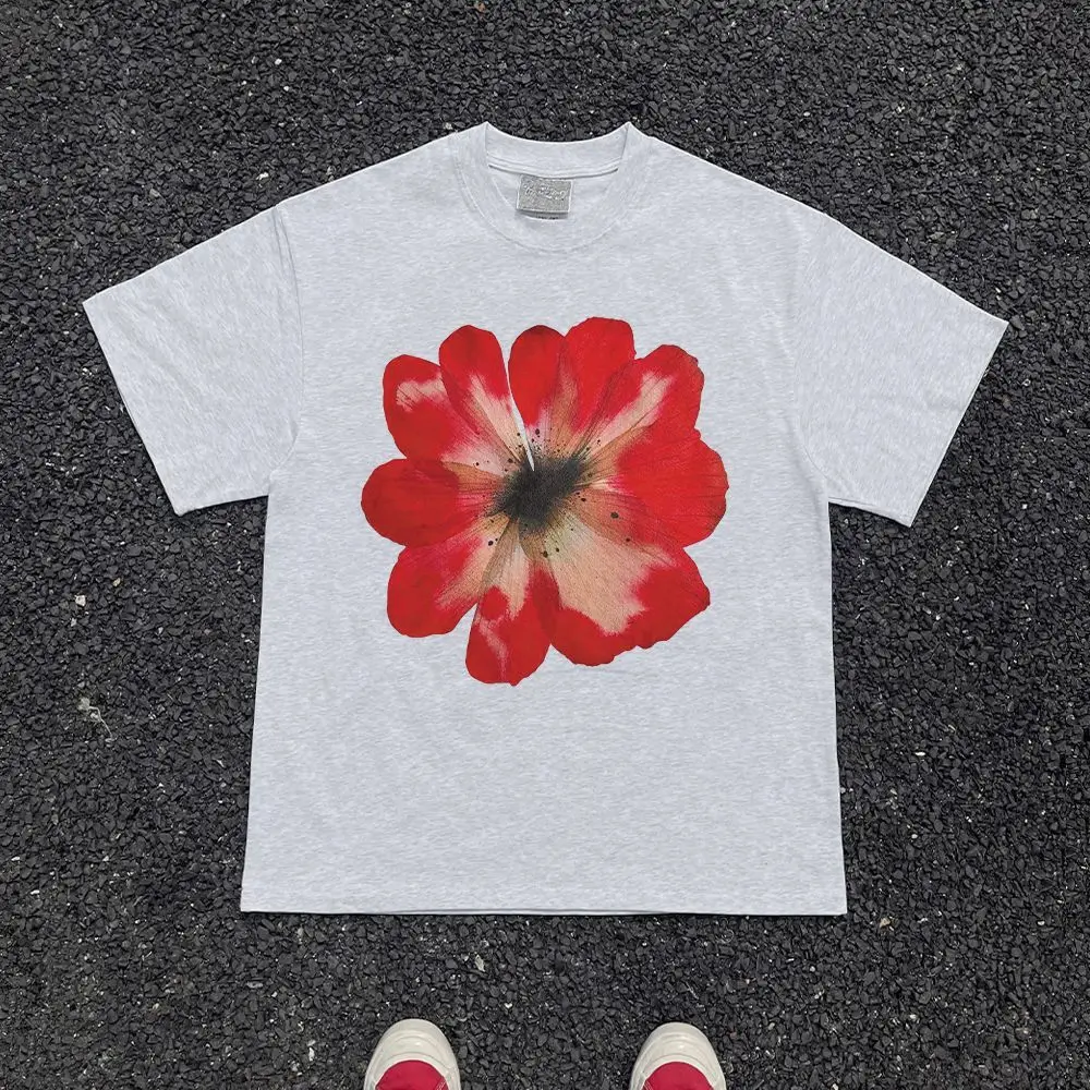 

2026 Новая американская ретро негабаритная футболка с цветочным узором, модная футболка с короткими рукавами и принтом, мужская и женская повседневная свободная футболка больших размеров