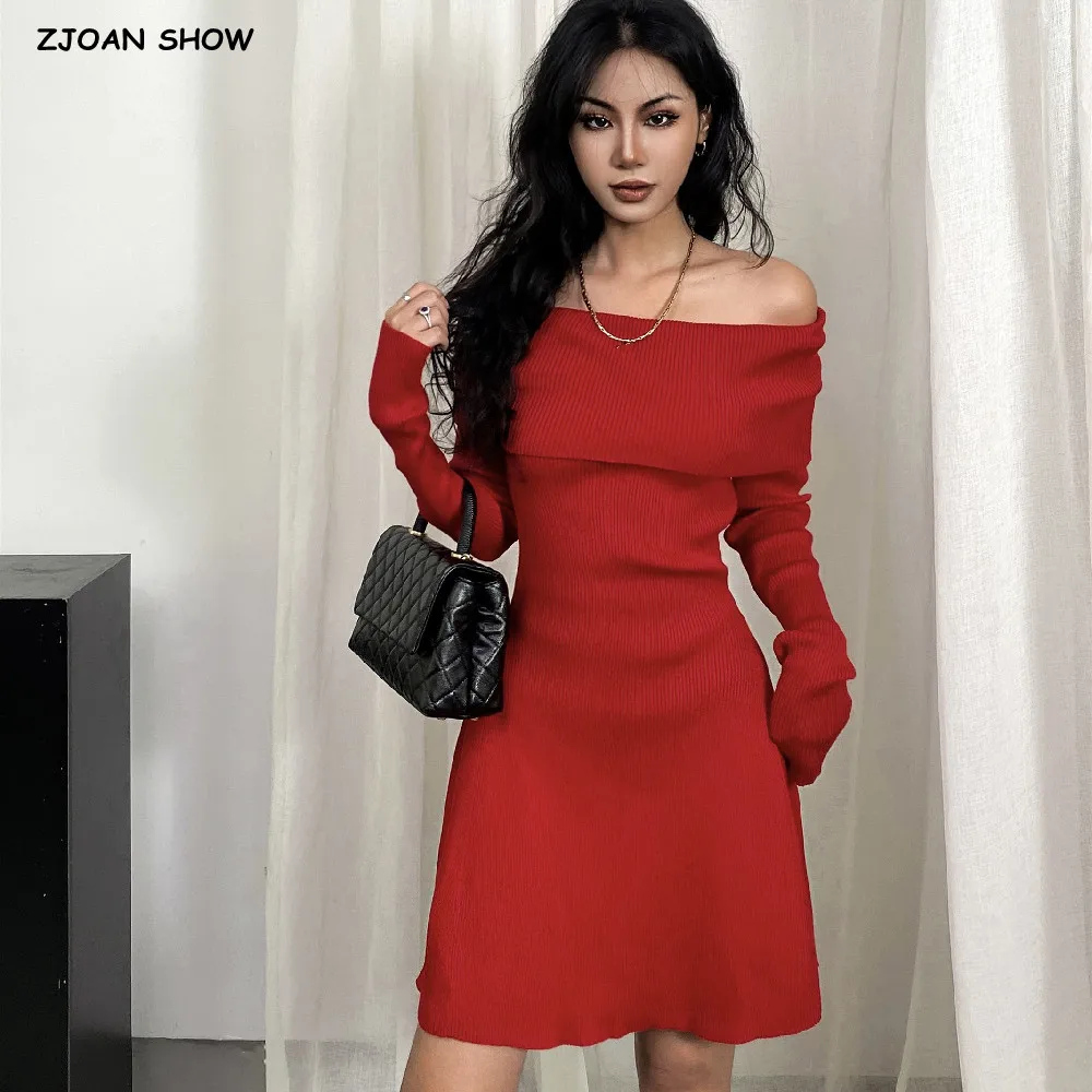 2025 Autumn Sexy Slash Shoulder Knitted Mini Sweater Dress Women Bow Cut Out Back Backless A-line Full Sleeve Robe Knitwear