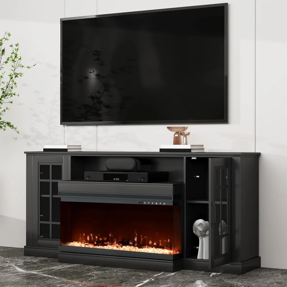 ファームハウススタイルの3面テレビスタンド、80インチテレビ用、ガラス扉付きエンターテイメントセンター、メディア収納キャビネット