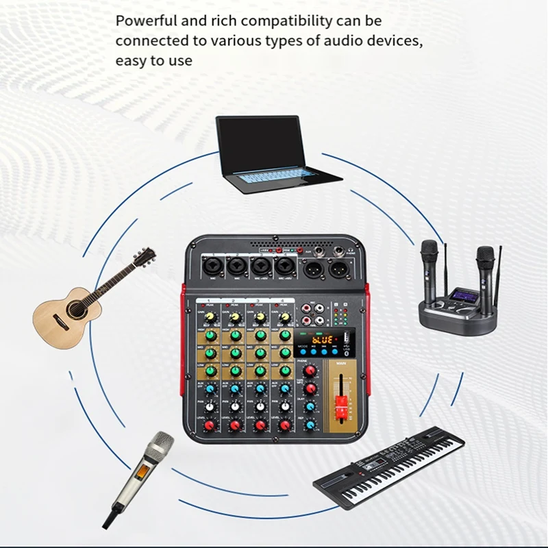 6-Channel Audio Mixer Audio USB Bluetooth-Compatible Reverb Audio Processor Sing Live With Sound Card Mixers EU Plug