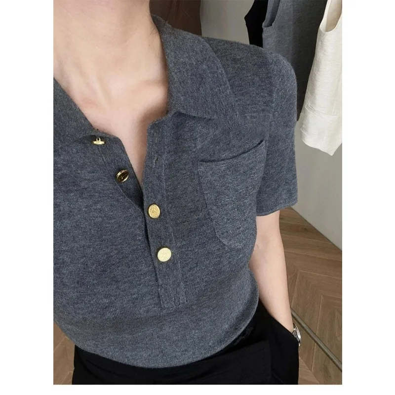 French Style Commuter Polo Collar Solid Color Short Sleeve Knitted Women\'s Summer Temperament Versatile Ice Silk T-Shirt Top