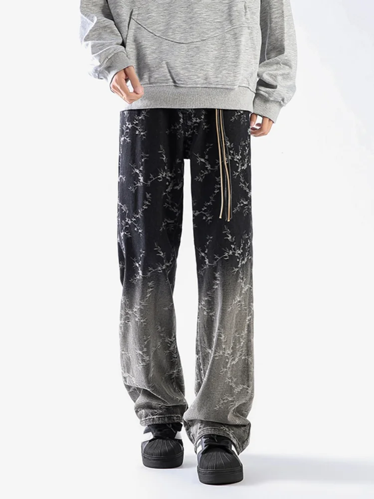 

Washed Gradient Denim Jeans Men's Autumn Winter Loose Straight Leg Wide Leg Pants American High Street Retro Embroidery Cool