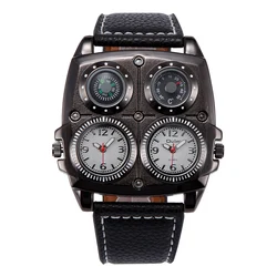 Fashion Oulm Top Brand Men's Two Time Zone Army Pilot Style Big Size Dial Military Sports Quartz Leather Thermometer Watches