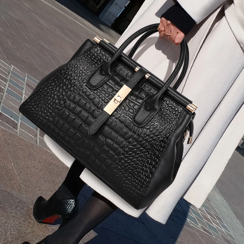 Light Luxury Crocodile Pattern Women\'s Handbag Large Capacity Black High Quality Cowhide Single Shoulder Crossbody Bag