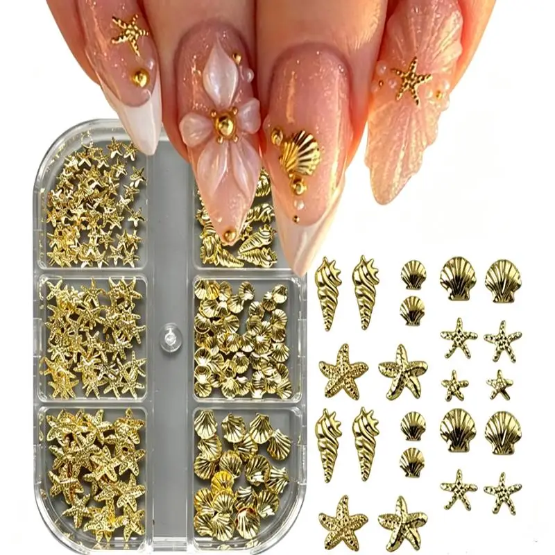 6er-Set Goldene Muschel- und Seestern-Nagelcharms, 3D-Muschel-Nagelkunst-Dekorationen, Sommer-Metall-Nagelstecker, Maniküre-Nagelzubehör – Detail 5