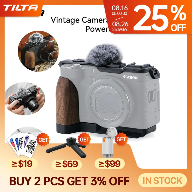 TILTA Vintage Kamerakäfig für Canon PowerShot V1 Basis-Kit – schwarze Mikrofon-Windschutzscheibe, obere Platte, Montage-Grundplatte mit Holz