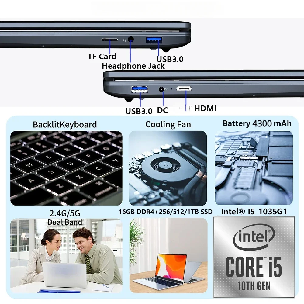 Imagem -02 - Portáteis de Jogos Windows 11 i5 Notebooks Metal Computer 15.6 10th Gen Intel I51035g1 16gb Ram 1tb M.2 Wifi Câmera 2024