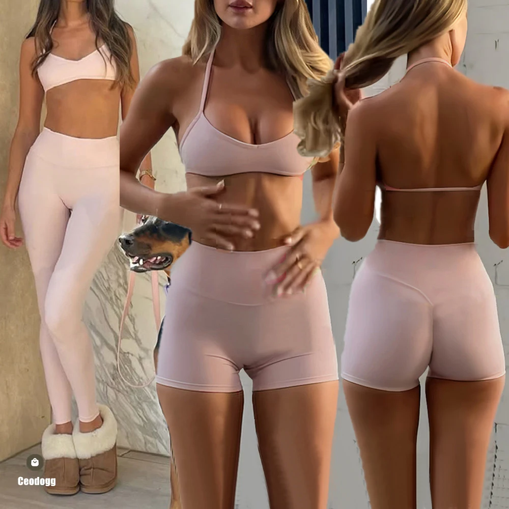 

2 шт., бюстгальтер с лямкой на шее, женские эластичные шорты с защитой от приседаний, комплект для йоги, летний уличный набор для занятий йогой для горного бега XP37