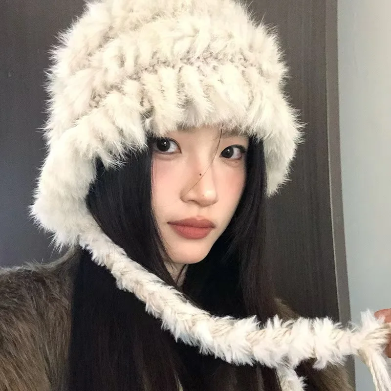 

Women's Fall Winter Rabbit Fur Fisherman Hat - Warm Plush Knit Fuzzy Cap, Cold-Resistant Ear-Warming Hat for Cold Climates