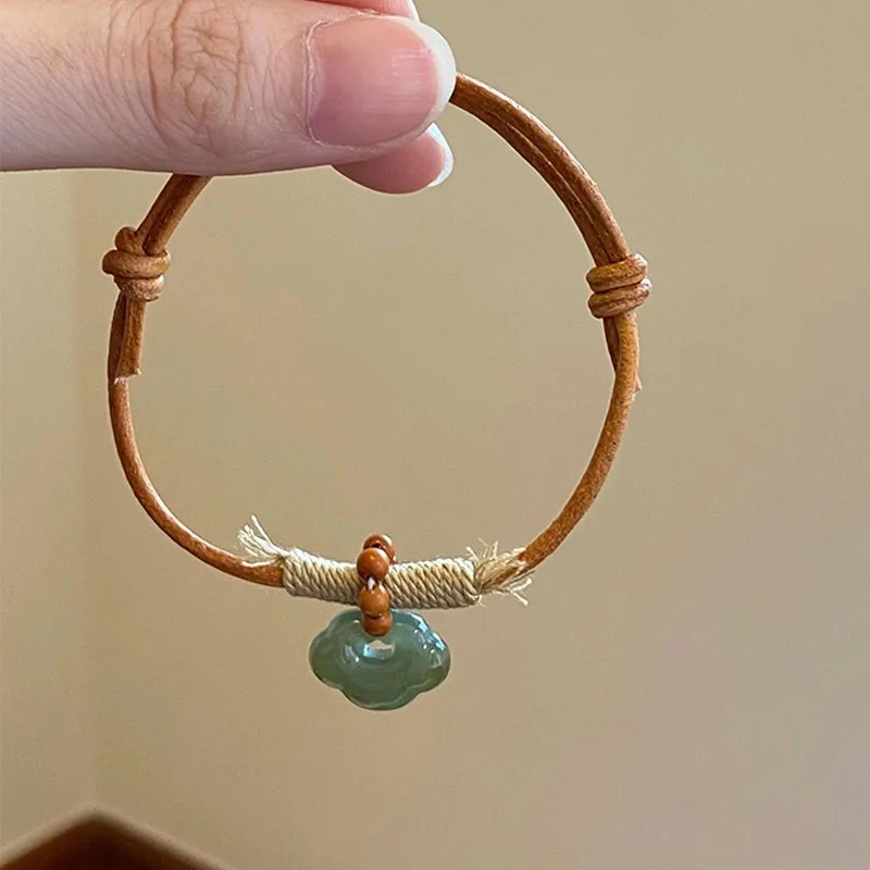 

Natural Hetian Jade Auspicious Cloud Safety Lock Pendant Bracelet Retro Adjustable Pull Handwoven Bracelet Gifts