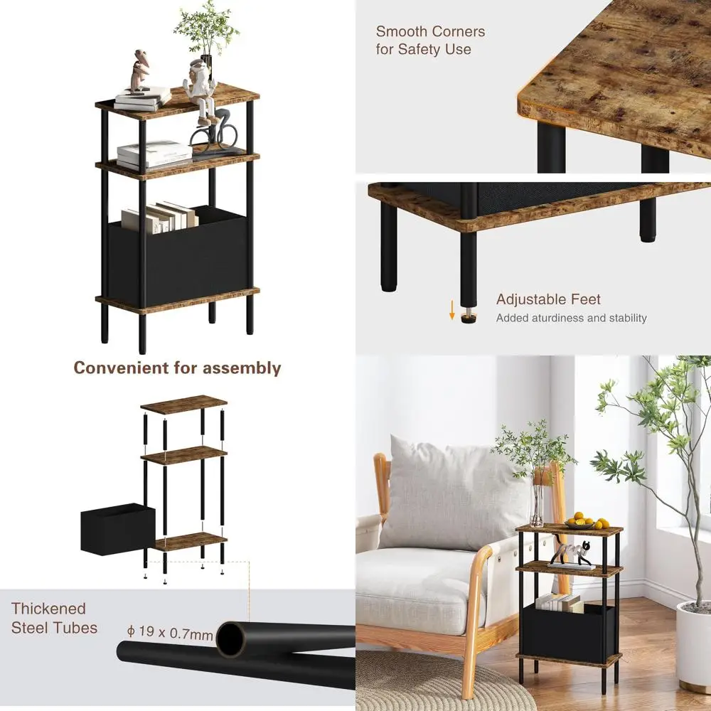 

Компактный 3-ярусный приставной столик для хранения с тканевой корзиной для небольших помещений, идеально подходит для гостиной или спальни, цвет: деревенский коричневый