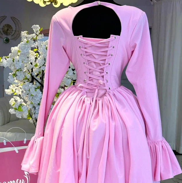 Spring Elegant Round Neck Long Sleeved Backless Lace Up High Waisted A-Line Pleated Dress for Women, Elegant Solid Color Dress