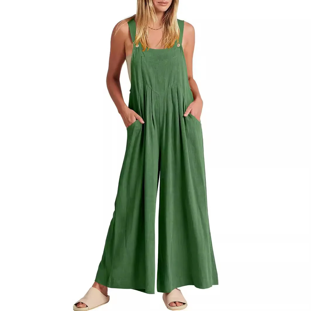 Women's Casual Solid Color Loose Cotton Linen Overalls With Loose Waist Pockets Jumpsuit Rompers