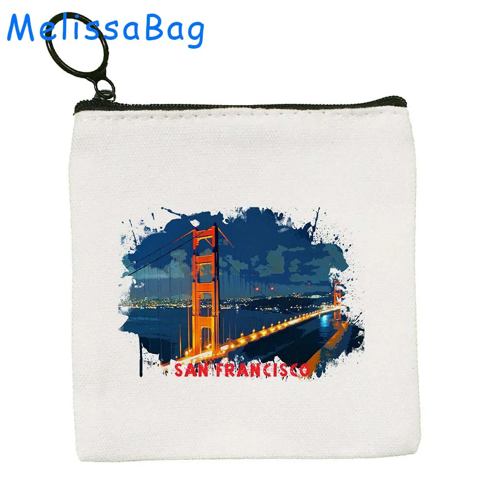 San Francisco Golden Gate Bridge United States Watercolor Ink Oil Paintings Canvas Coin Purse Key Case Bags Wallet Zipper Pouch