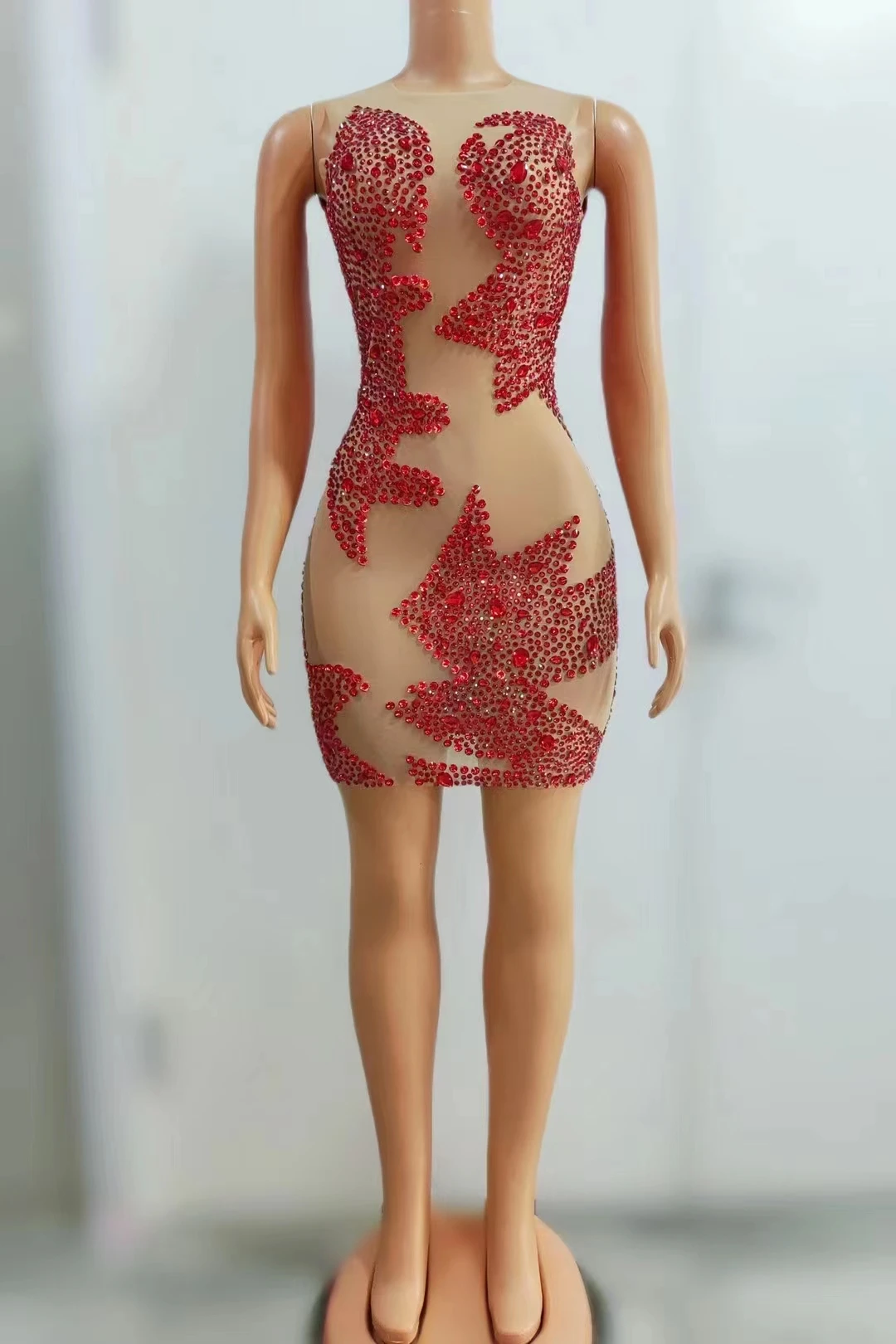 

Sparkly Red Rhinestones Sequins SleevelessShort Bodycon Dress Summer Sexy MeshEvening Prom Celebriate Birthday Dress A474