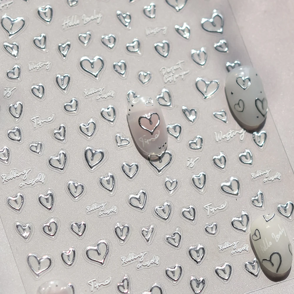 5D Cuore d'amore Bianco Lettera inglese Gelatina d'argento Nail Art Sticker Linea Modello geometrico Forma Decalcomanie per manicure delicate romantiche