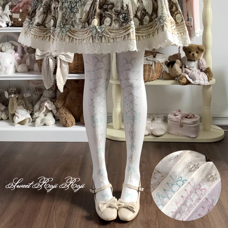 

Japanese Heart Locket Chain Pantyhose Women's Vintage Satin Printed Tights Lolita JK Harajuku Striped Stockings for Fall/Winter