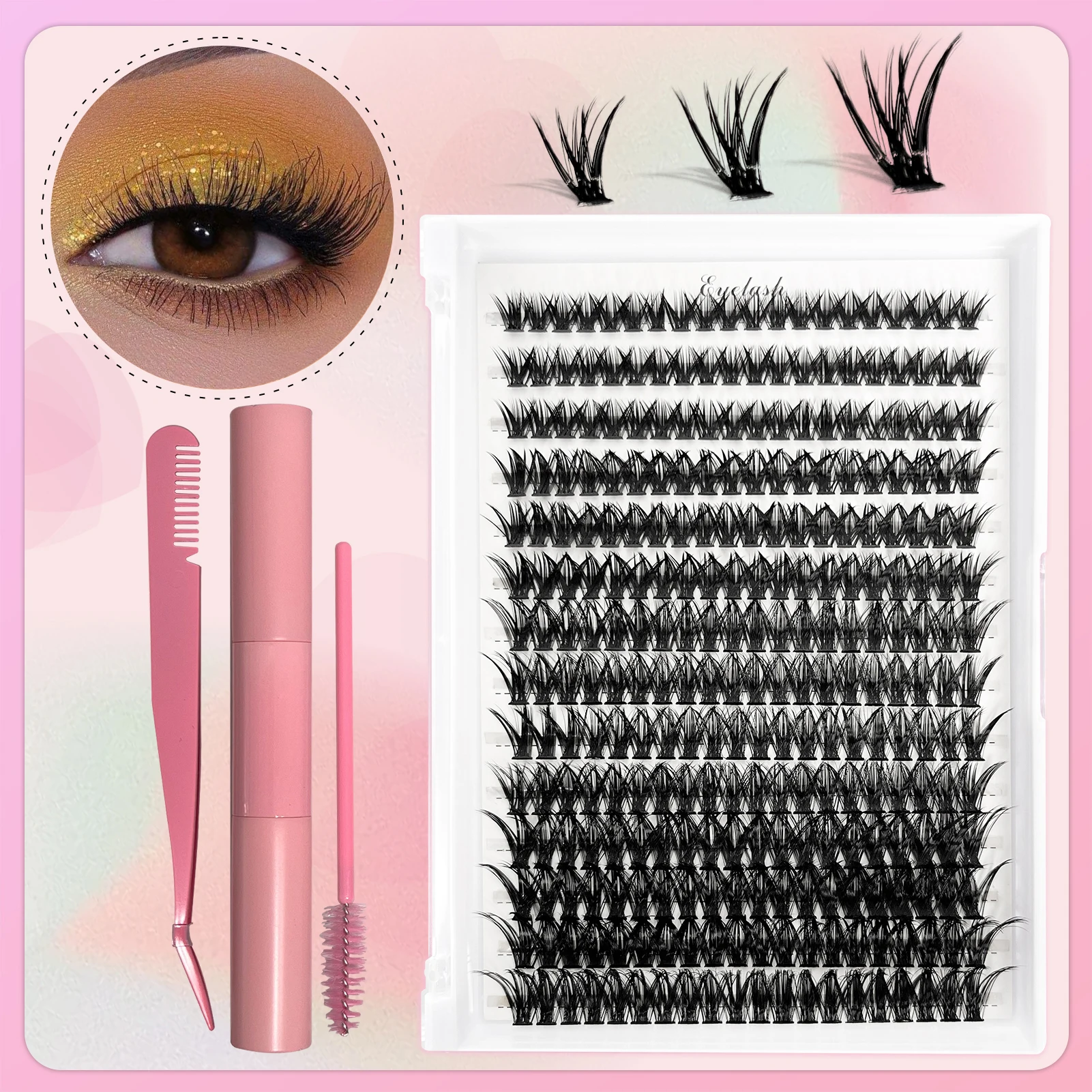 Eyelash Extension Set 280 Clusters 8-16mm Curl Personalised Eyelash Set with Eyelash Adhesive and Sealing Eyelash Tweezers