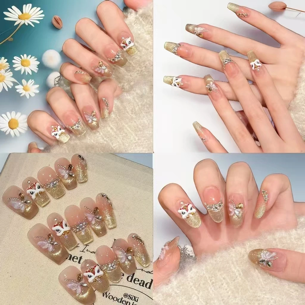 10 pçs leão dourado ano novo venda quente borboleta da sorte ouro-strass gato-olho unhas com ferramentas de 4 peças fortes abas adesivas de unhas