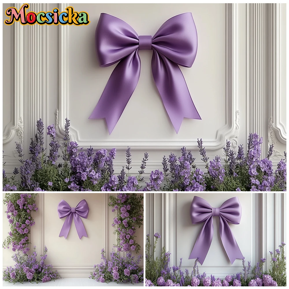 

Mocsicka Purple Bow Photography Wall Background Photo Studio Flower Decor Woman Wedding Portrait Backdrop Mother's Day Wallpaper
