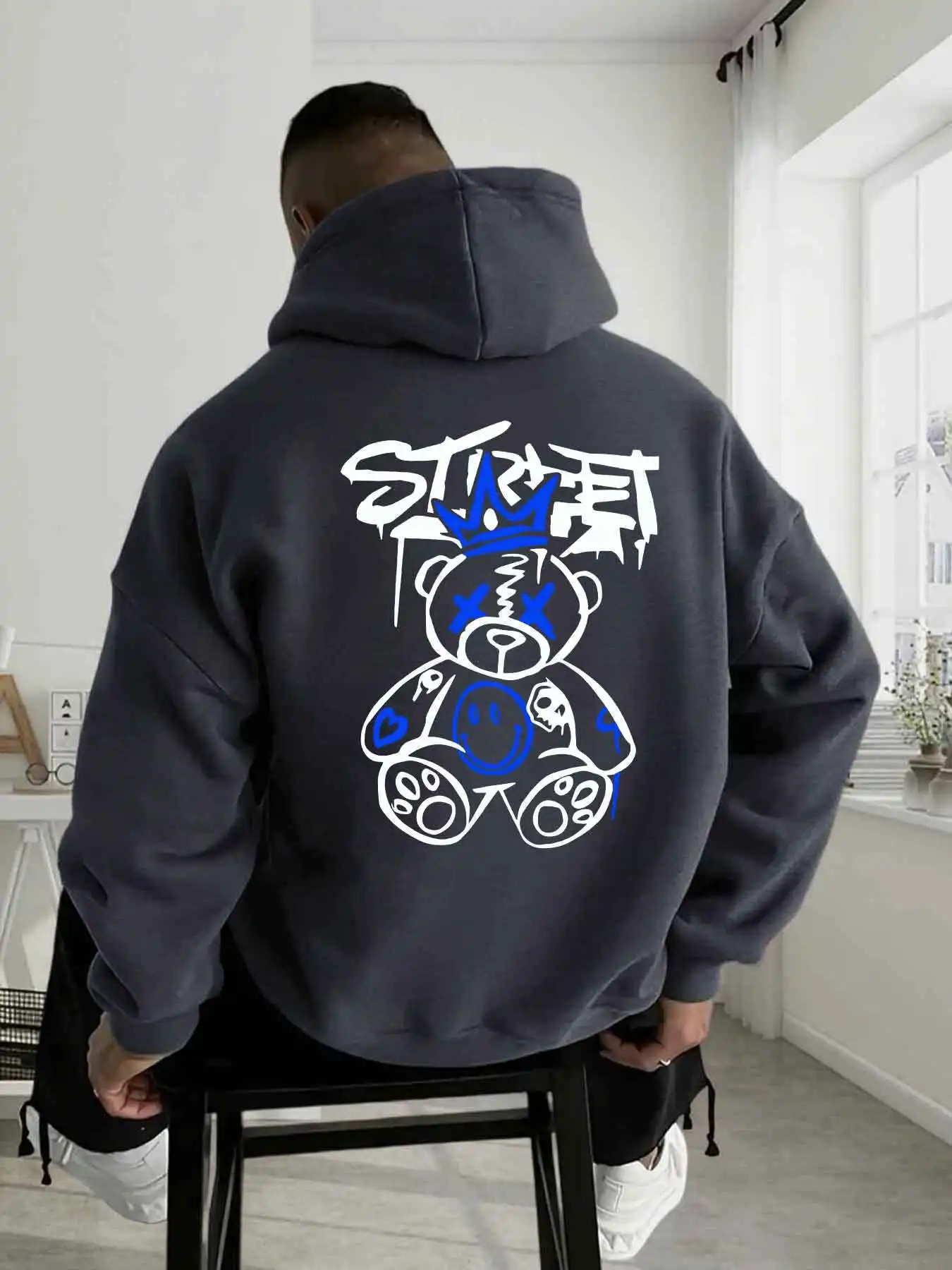2026 Fashion Autumn Men's New Small Bear Letter Printed Micro Elastic Comfortable Hoodie Outdoor Urban Versatile Clothing