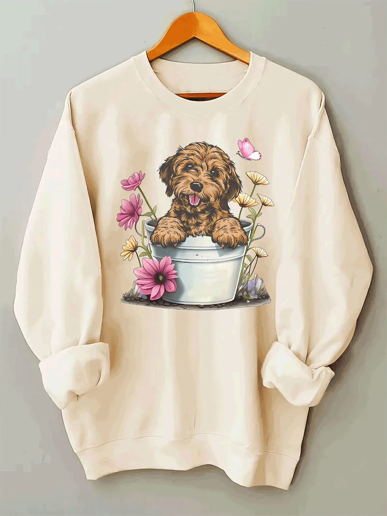 Women's Urban Style Sweatshirt with Cartoon Dog Print, Large Size Fleece Lining and Clamp