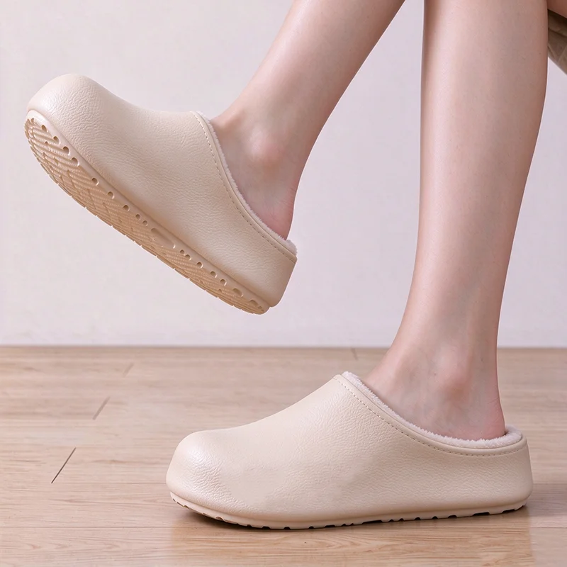 Soft Thick Sole Waterproof Eva Indoor Slippers Women Winter 2026 Comfortable Fleece Mule Slippers Women Warm Plush Home Shoes
