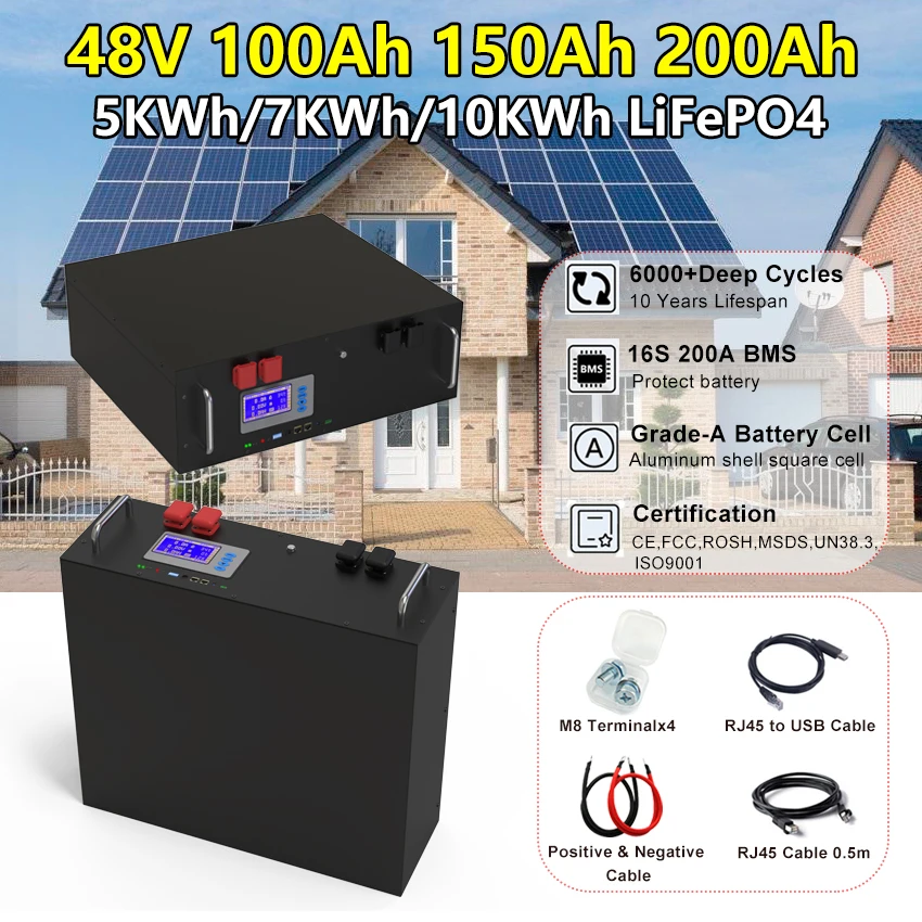 48V 200Ah 150Ah LiFePO4 Battery Pack 51.2V 10KWh 100% Capacity with RS485 CAN Communication for Energy Storage Backup Power