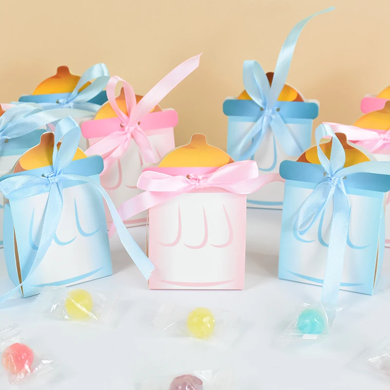 10pcs Baby Shower Candy Box Cute Blue/pink Feeder Style Paper Boxes Gender Reveal Birthday Party Decor Favors Gift Packaging Box