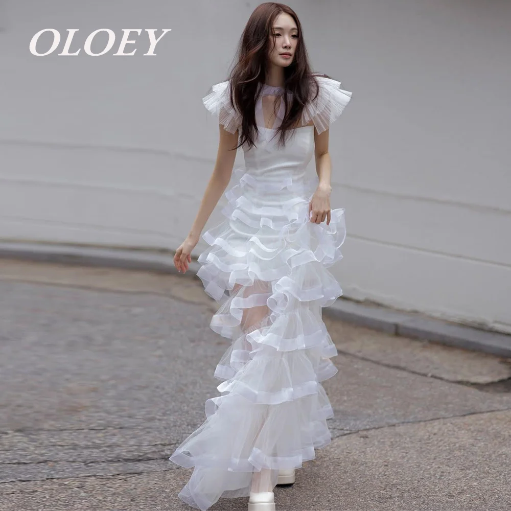 

OLOEY Modern Muti-layer Ruffles Wedding Dresses with Cape Pleats A Line Strapless Bridal Gowns Floor Length Customized Illusion