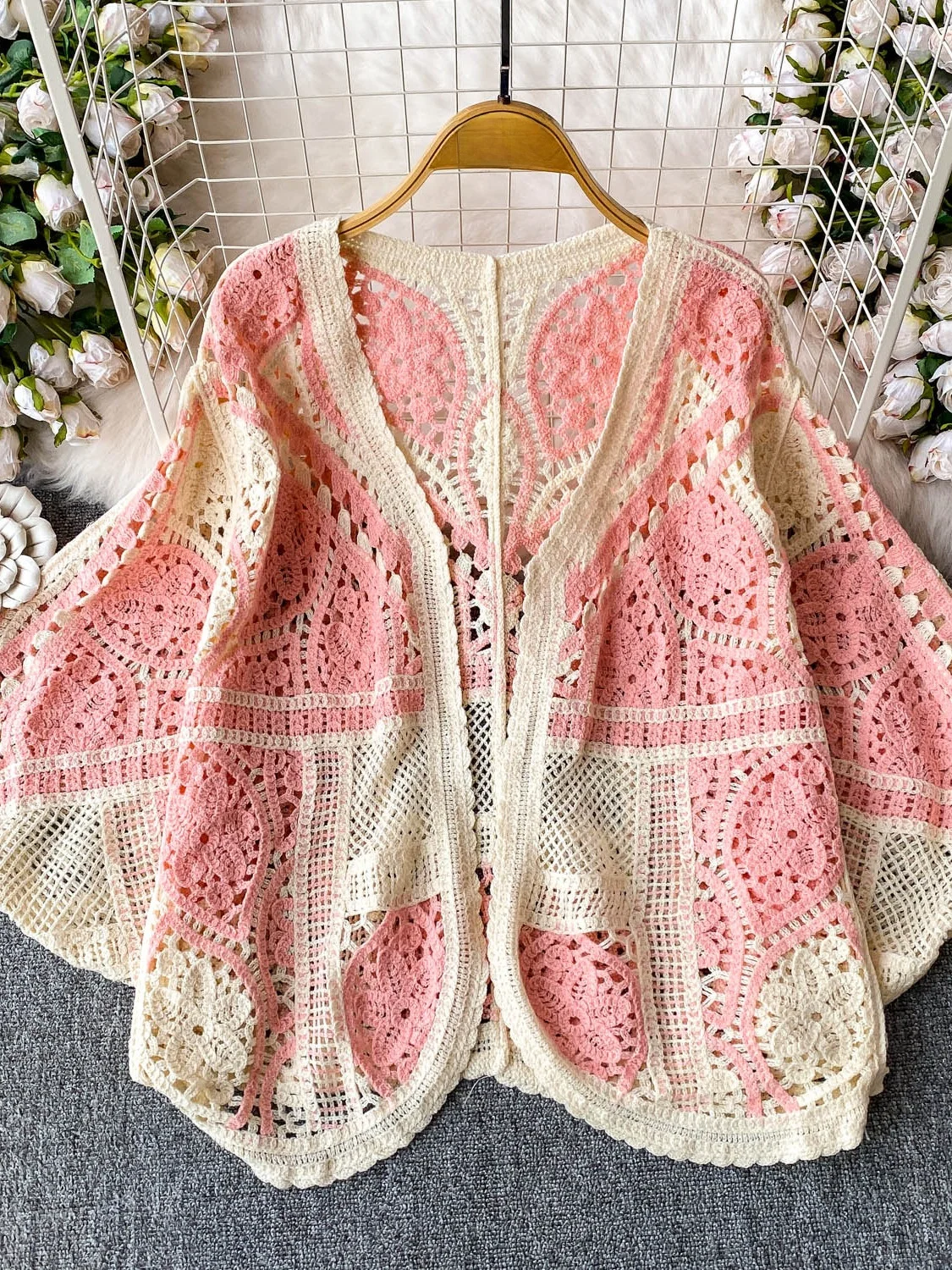 

V-Ne Open Cardigan Knitted Loose Hollow out Batwing Sve Women's Spring Autumn Holiday Slimming Top Sun Protection