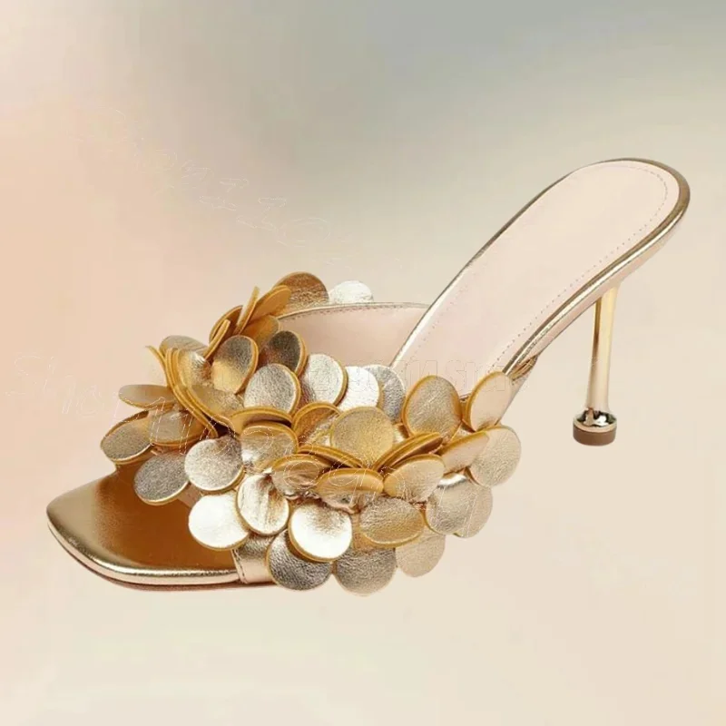 

Gold Sequins Flower Design Open Toe Slippers Slip On Women Shoes Thin High Heels Fashion Party Banquet 2025 Zapatos Para Mujere
