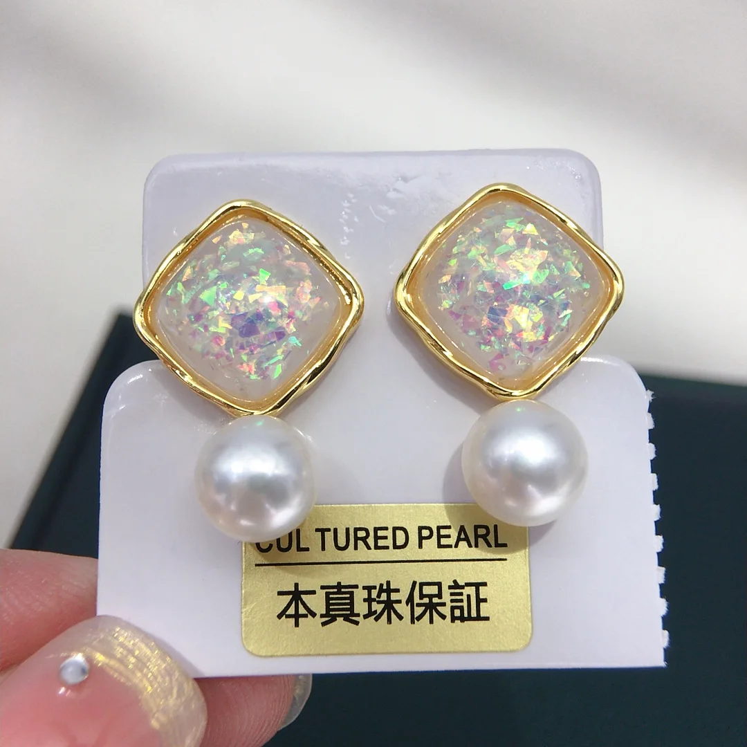 huge AAAA 10-11mm 9-10mm 11-12mm 12-13mm Japan akoya white round Pearl  Earrings 925s Square style yellow, silver, and silver