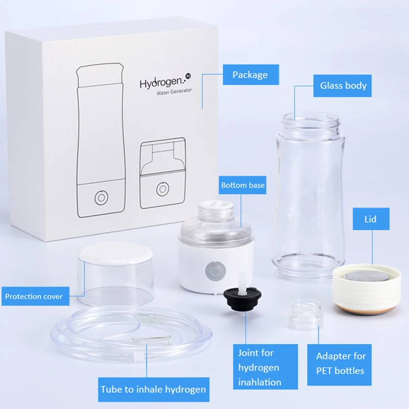 

3-in-1 H2 Bottle Dissolved Molecular Hydrogen Infused Water Cup Glass Flask 400ml with Hydrogen Inhaler Kits