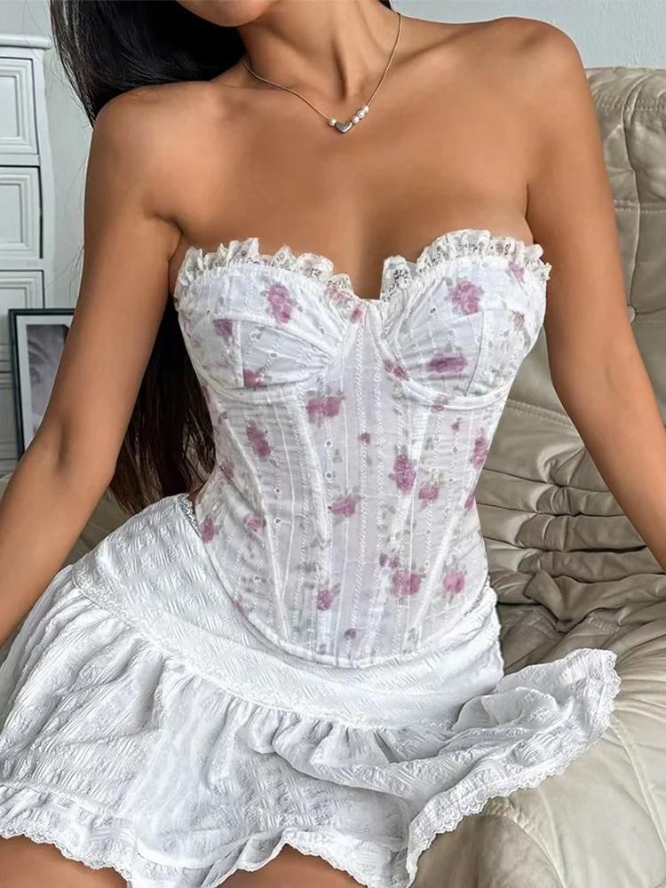 Shestyle White Underwire Wrapping Chest Corset Bone Iron Shape Lace Strapless Asymmetrical Camisole Vintage Fashion Crop Tops