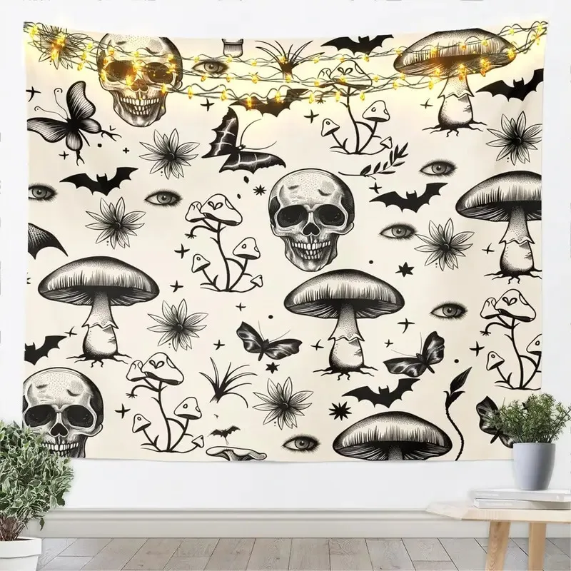 

VIKAMA Dark Fairy Tale Mushroom Skeleton Tapestry Gothic Hand Painted Pattern Bedroom Headboard/Dormitory Wall Decor Tapestry