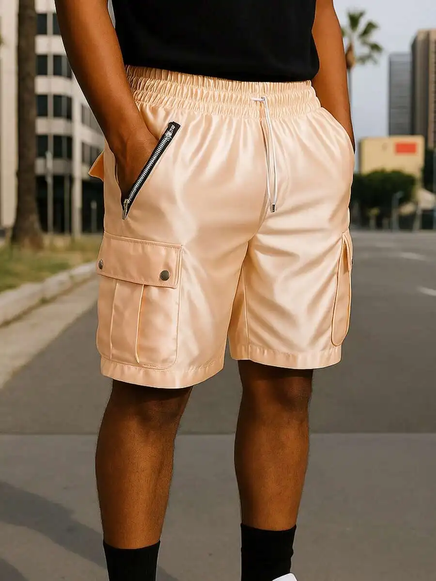 

Mens Satin Cargo Shorts Elastic Waist Drawstring Pockets Casual Streetwear Summer