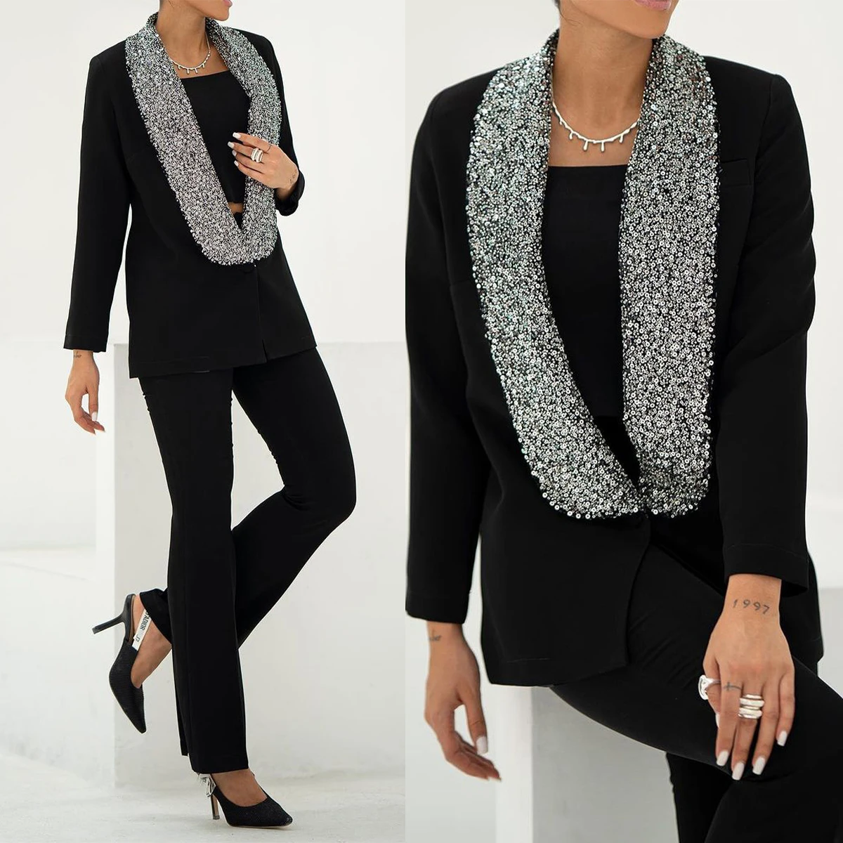 Cool Black Women Blazer Suits Sequined Shawl Lapel Evening Party Women Wedding Tuxedos 2 Pieces Party Birthday Wear