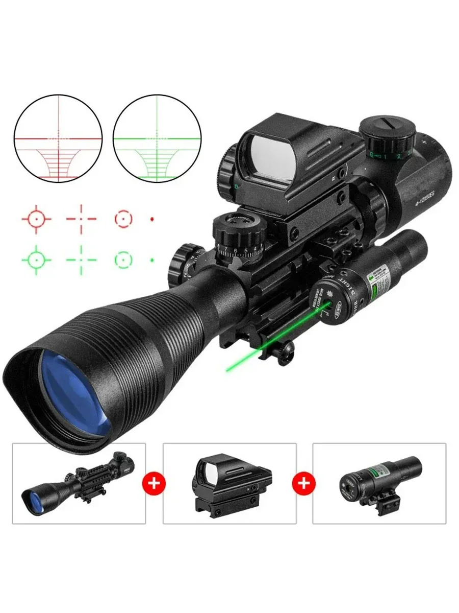 4-12x50 Taktische Zielfernrohre mit beleuchtetem Entfernungsmesser-Absehen, holografisches 4-Absehen-Visier, 20mm Rot-Grün-Laser für die Jagd
